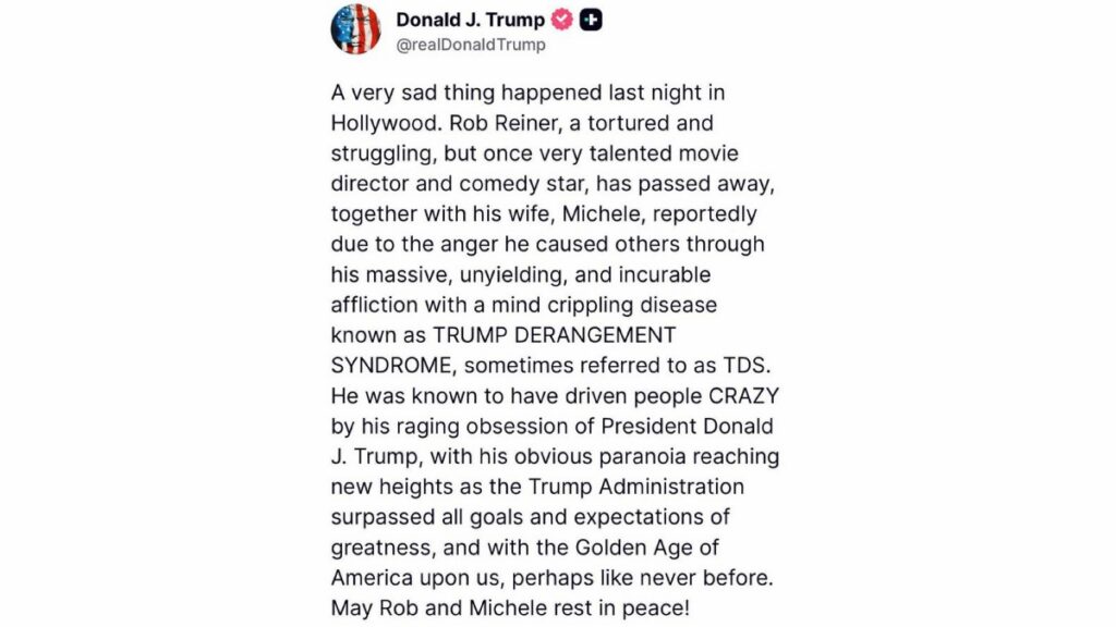 Trump lamenta muerte de Rob Reiner, pero habla de su “afección mental”