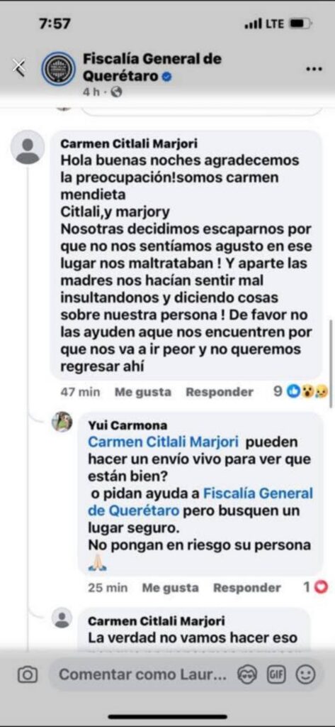 Comentario hecho supuestamente por adolescente desaparecida.