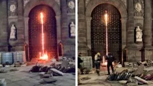 Incendian puertas de la Catedral de Puebla; autoridades buscan al responsable