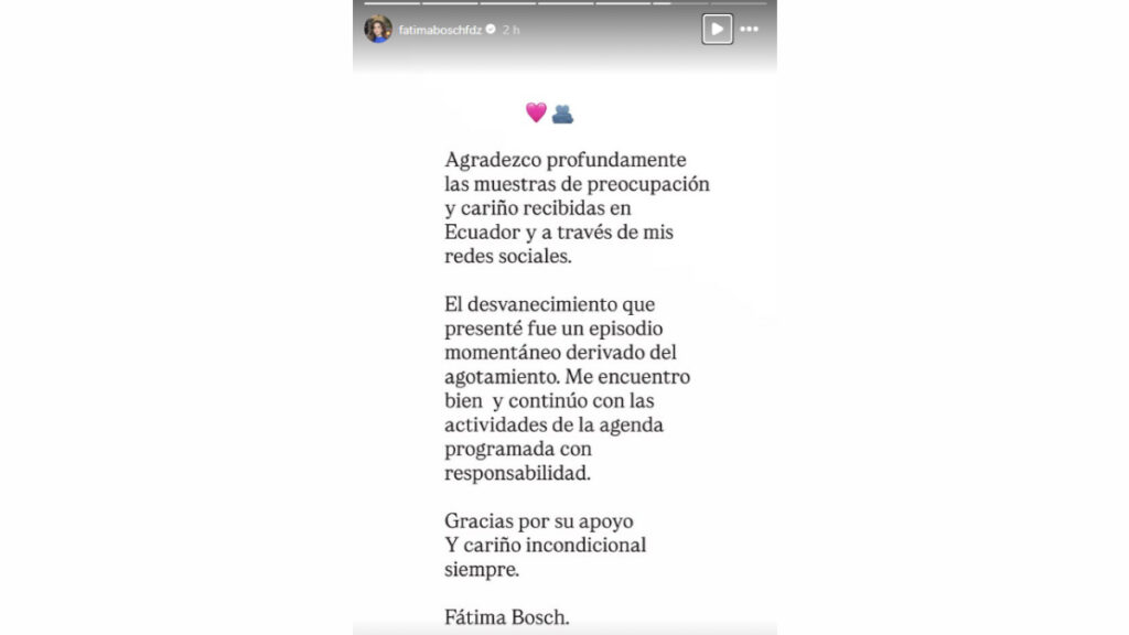 Fátima Bosch rompe el silencio tras desvanecerse en pleno desfile en Ecuador