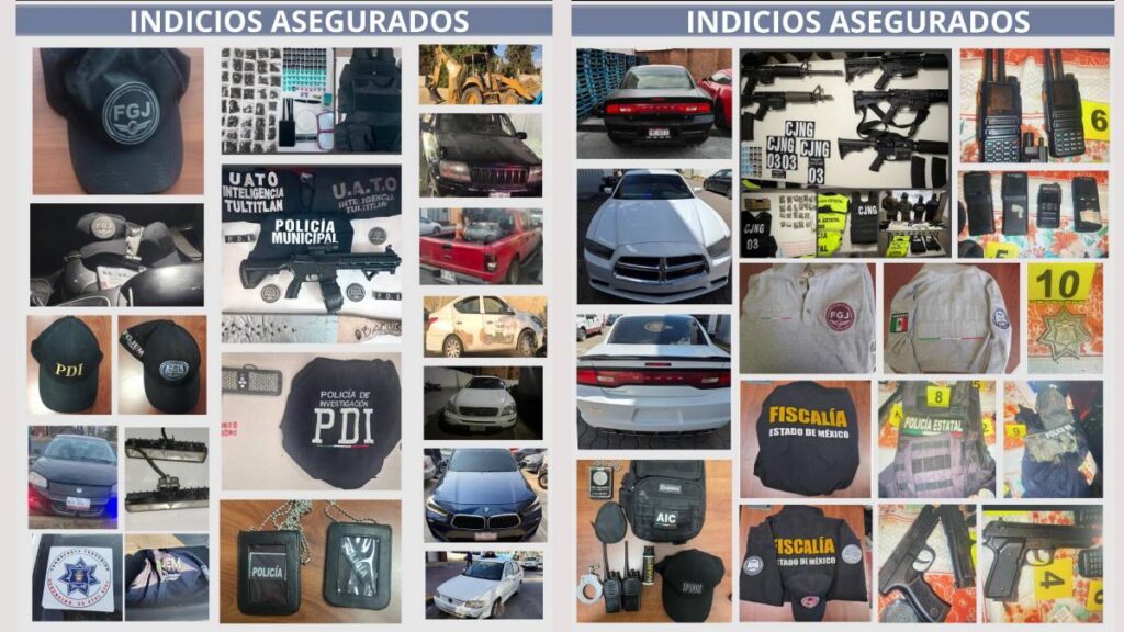 Insignias falsas, armas y vehículos que usaban los falsos agentes.