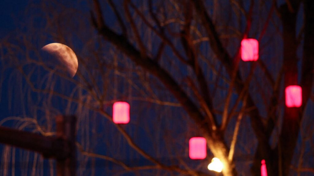 La "Luna de Sangre" se ve a través de ramas de árboles en Beijing, China.