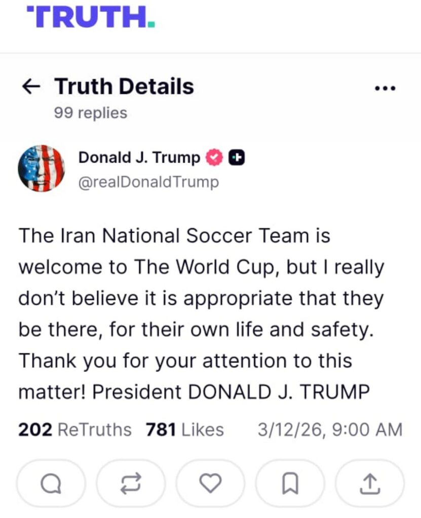 Publicación de Trump sobre la selección iraní rumbo al Mundial 2026.