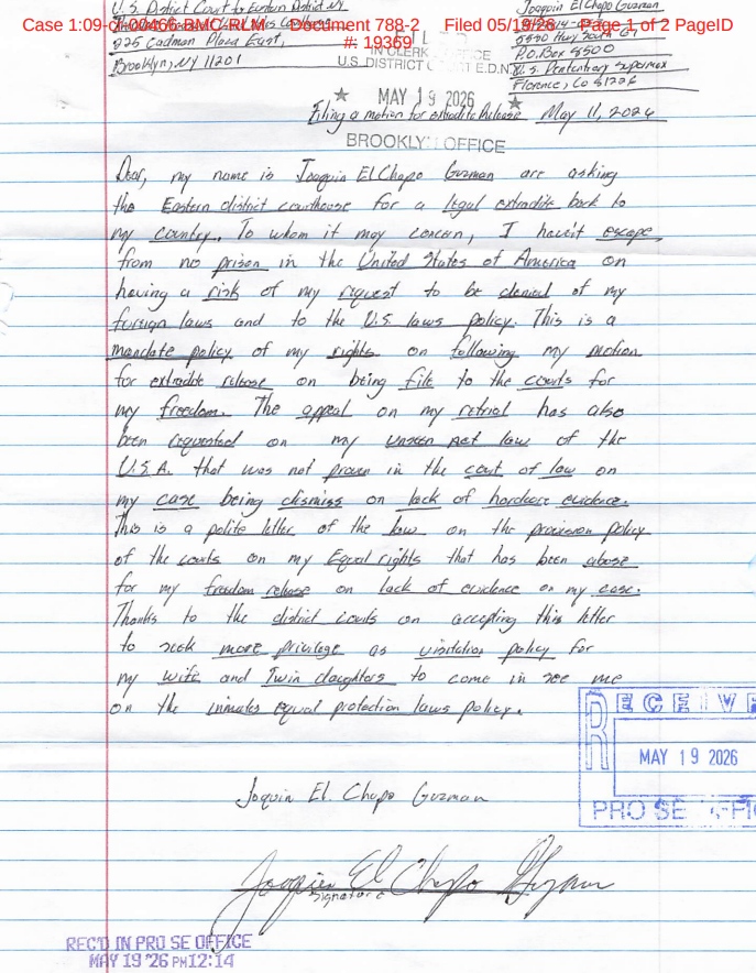 Tercera carta del Chapo: Foto: PACER