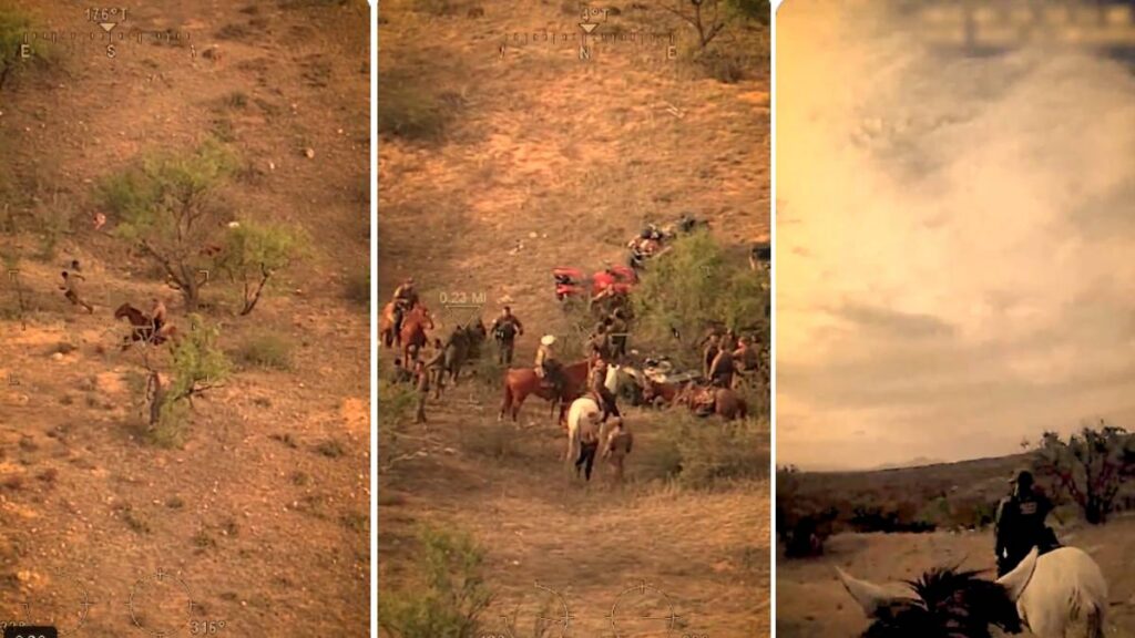 Patrulla Fronteriza a caballo detiene a migrantes en desierto.