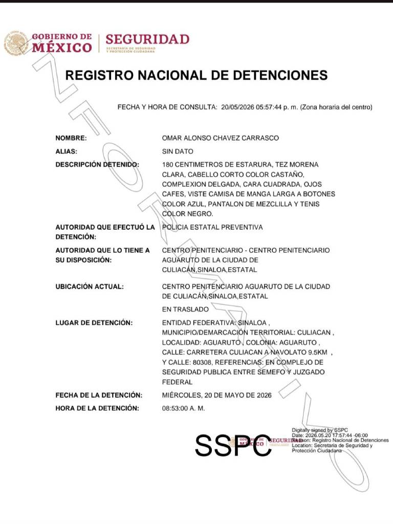 Ficha de detención de Omar Chávez, hijo de Julio César Chávez