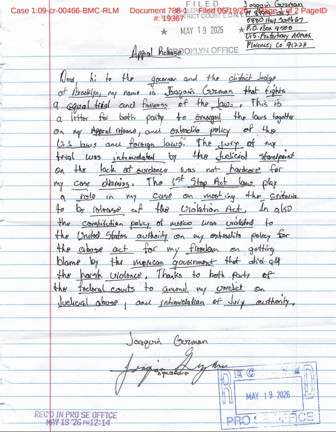 Segunda carta del Chapo: Foto: PACER
