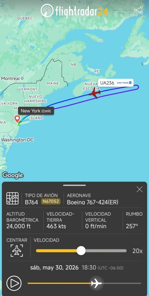 Captura de pantalla: Ruta de rastreeo del vuelo.