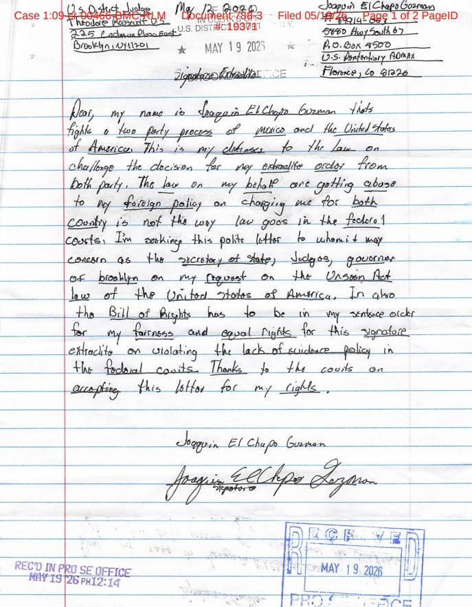 Cuarta carta del Chapo: Foto: PACER