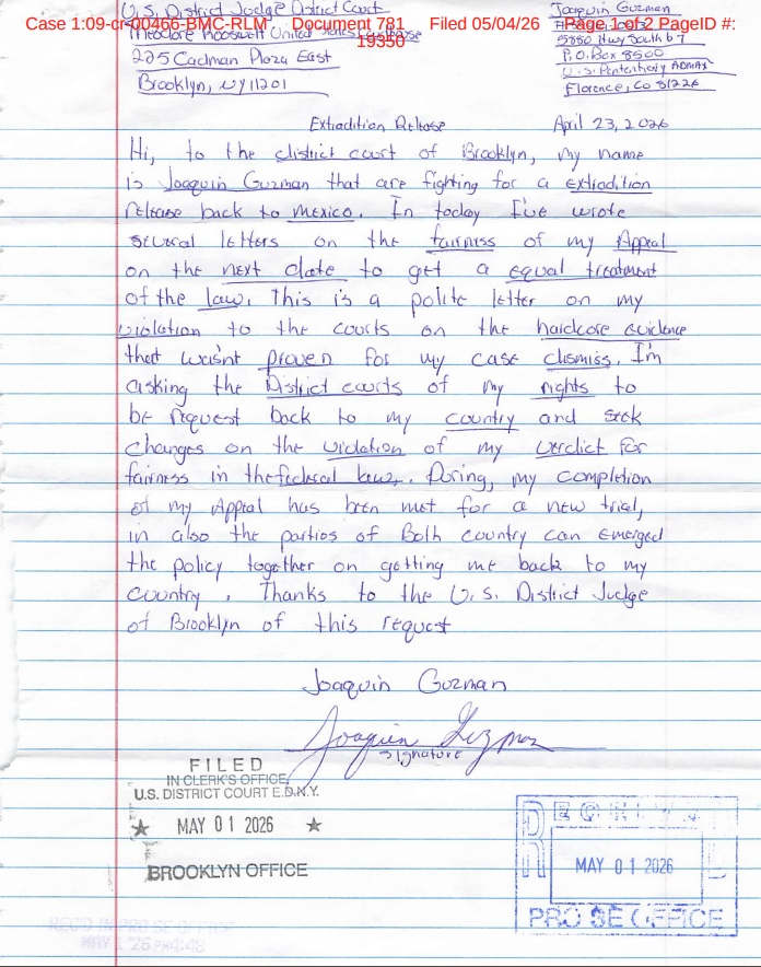 Carta n° 1 del Chapo Guzmán a la Corte Federal de NY. Foto: PACER
