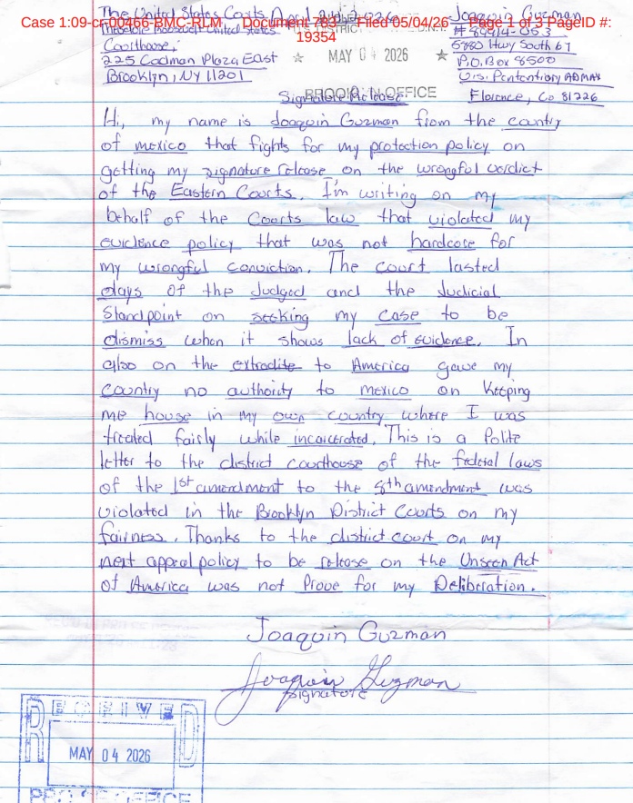 Carta n° 3 del Chapo Guzmán a la Corte Federal de NY. Foto: PACER