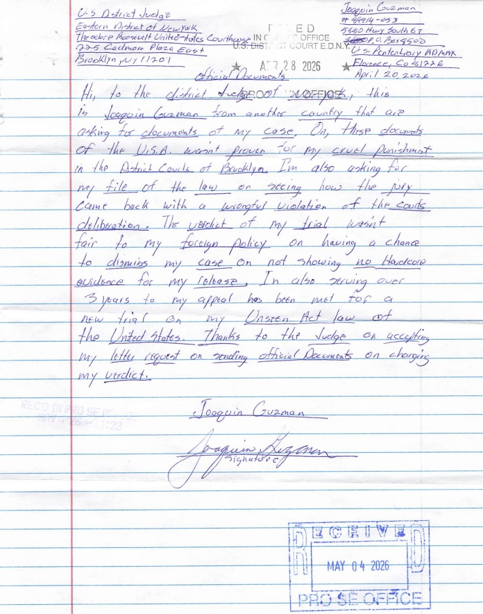 Carta n° 2 del Chapo Guzmán a la Corte Federal de NY. Foto: PACER