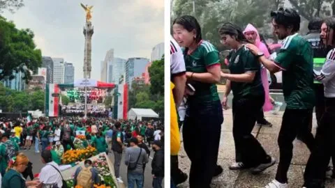 Aficionados celebran en el Ángel de la Independencia por triunfo de México contra Sudáfrica; ni la lluvia los detiene