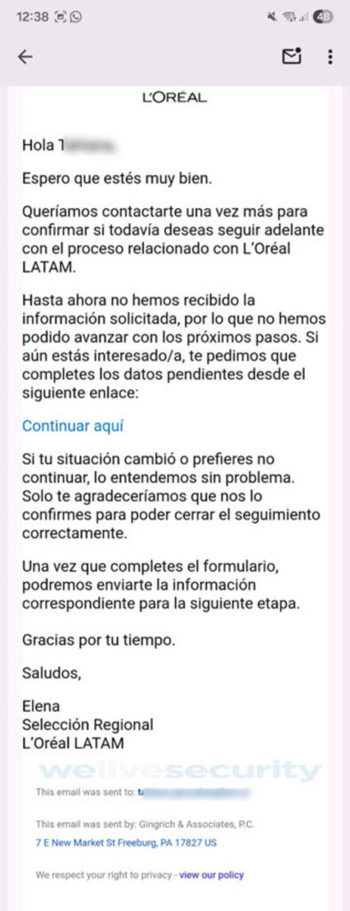 Ejemplo de un correo falso fraudulento a nombre de L'Oréal