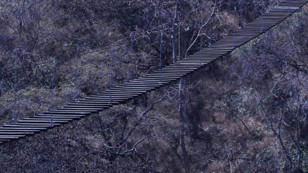 Autos cruzan peligroso puente colgante en Oaxaca.