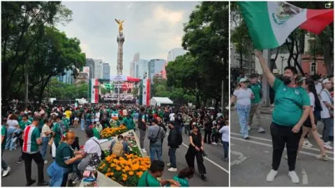 Aficionados celebran en el Ángel de la Independencia por triunfo de México contra Sudáfrica; ni la lluvia los detiene