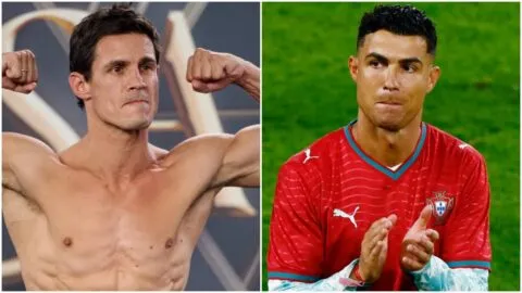 Edu Aguirre presume su cinturón de La Velada del Año VI junto a Cristiano Ronaldo y Georgina Rodríguez