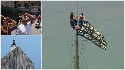 Escalan antena del Empire State, despliegan pancarta y terminan detenidos; video se viraliza