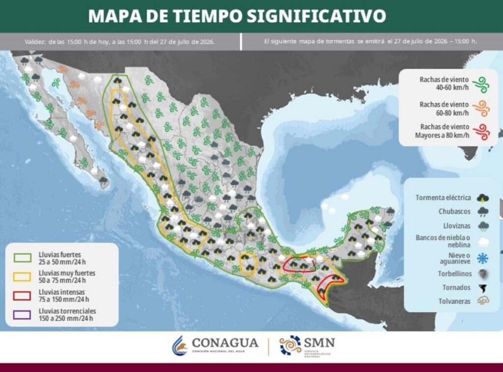 mapa muestra el pronóstico de lluvia en la República Mexicana por entidad