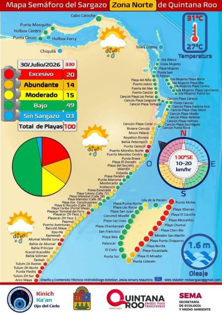 Playas afectadas por sargazo 30 de julio