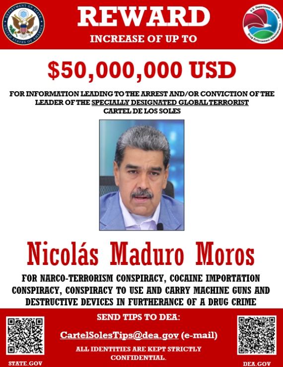 Ficha de recompensa de Maduro. Foto: Departamento de Estado