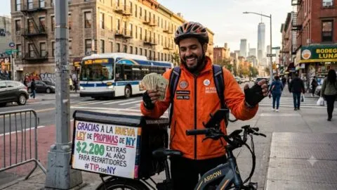 Repartidores en NY ganaron más de 2 mil 200 dólares extra al año gracias a la nueva ley de propinas