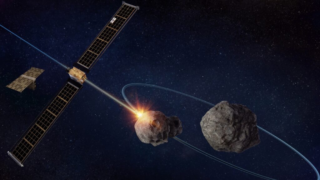Representación de la sonda espacial DART acercándose al asteroide Didymos y su luna-planeta menor Dimorphos