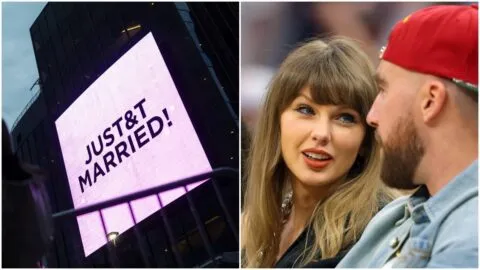 ¡Es oficial! Taylor Swift y Travis Kelce están casados, pantallas gigantes lo anuncian en Nueva York