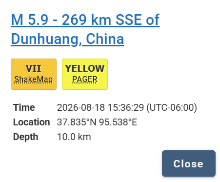 Sismo de 5.9 sacude China. Foto: USGS