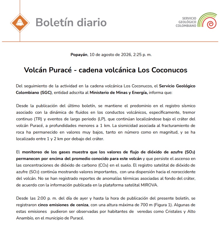 Boletín sobre actividad del volcán Puracé. Foto: SGC