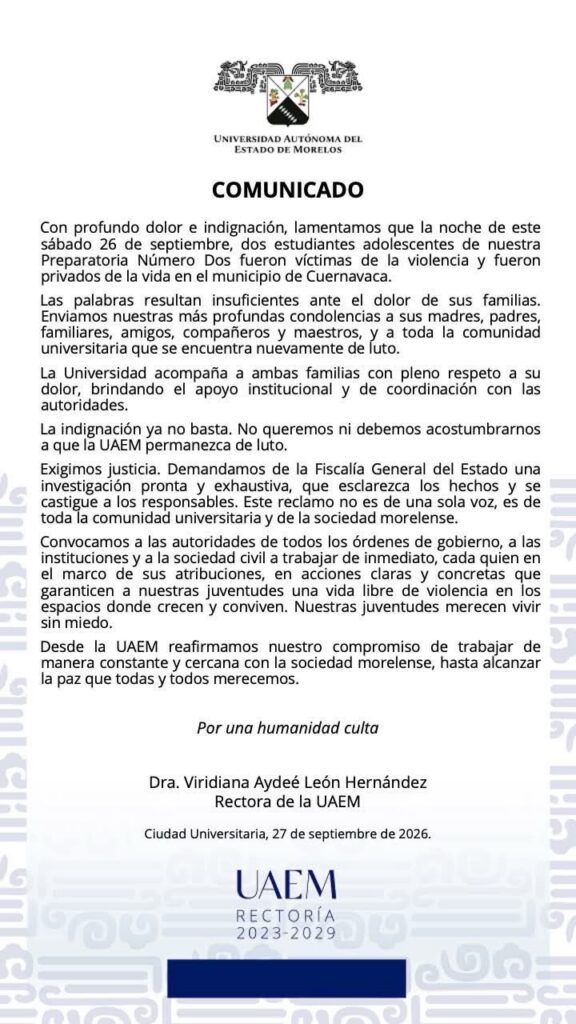 UAEM lamenta muerte de estudiantes y le exige justicia a las autoridades