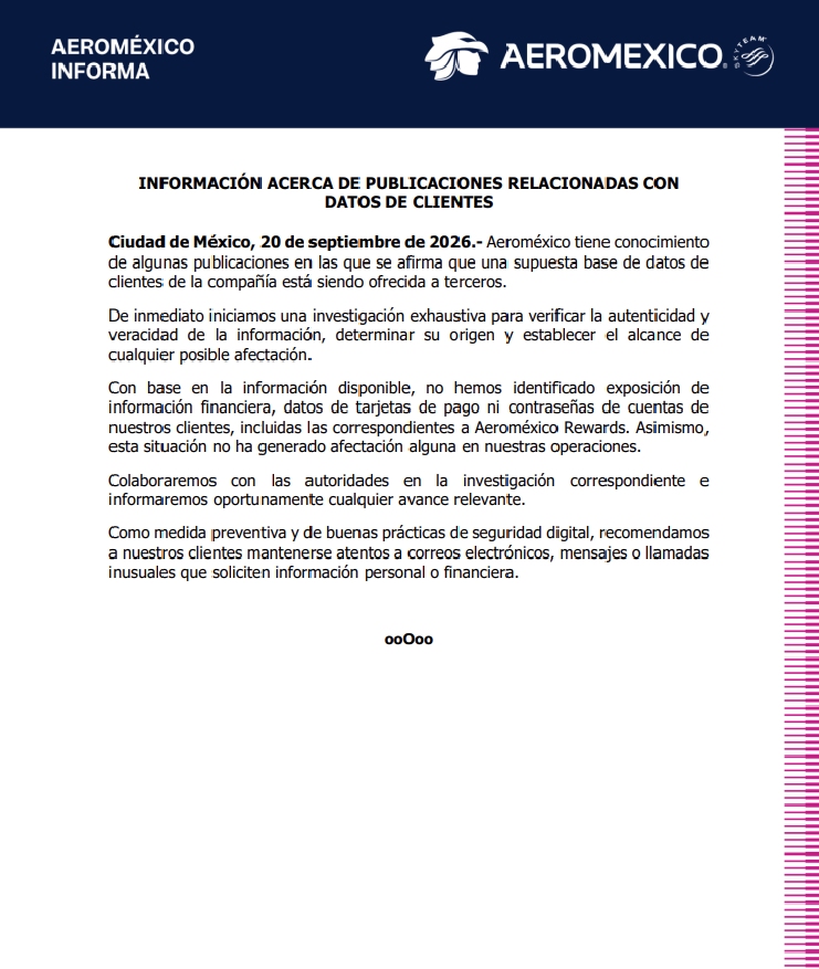 Comunicado de prensa de Aeroméxico. Foto: Sala de Prensa de Aeroméxico.