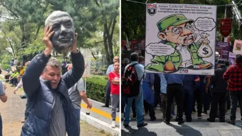 Extrabajadores de Luz y Fuerza decapitan estatua de Felipe Calderón en Los Pinos