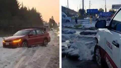 Granizada deja la autopista México-Puebla cubierta de hielo y vehículos varados