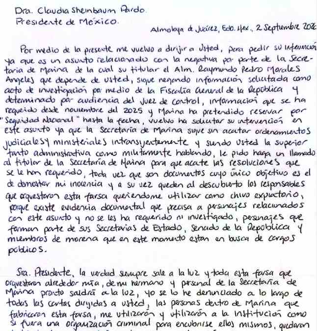 Roberto Farías Laguna envía carta a Claudia Sheinbaum; pide intervención para liberar pruebas