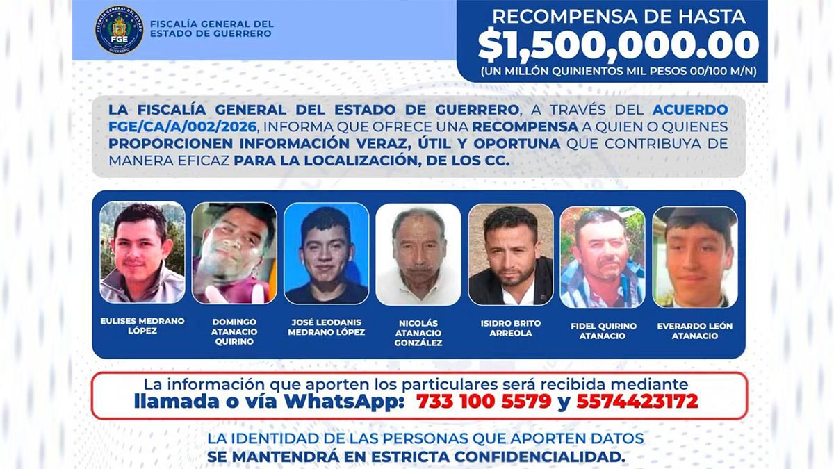 Fiscalía de Guerrero ofrece 1.5 millones por 7 desaparecidos en Ajuchitlán