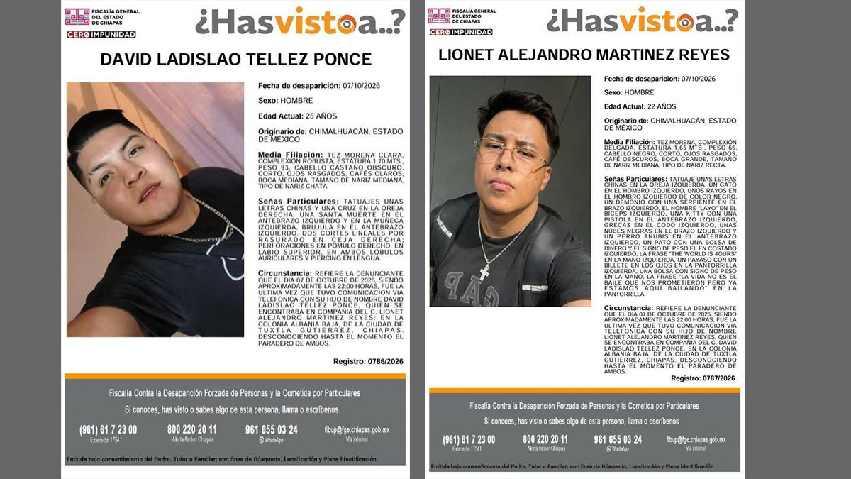 Desaparecen dos jóvenes del Edomex en Chiapas; hombres armados se los habrían llevado