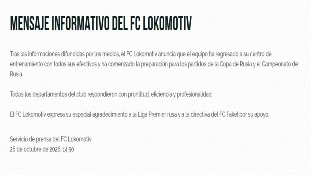 Captura del comunicado del FC Lokomotiv