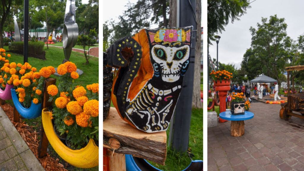 Cempasúchil y figuras alusivas a la tradición mexicana.