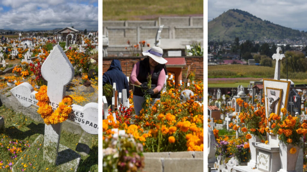 El Día de Muertos también se vive en los panteones, donde familias limpian y adornan las tumbas.