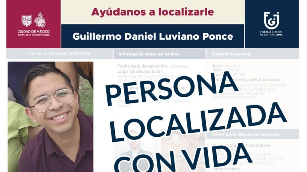 Joven reportado como desaparecido en Coyoacán fue localizado con vida, confirma FGJCDMX