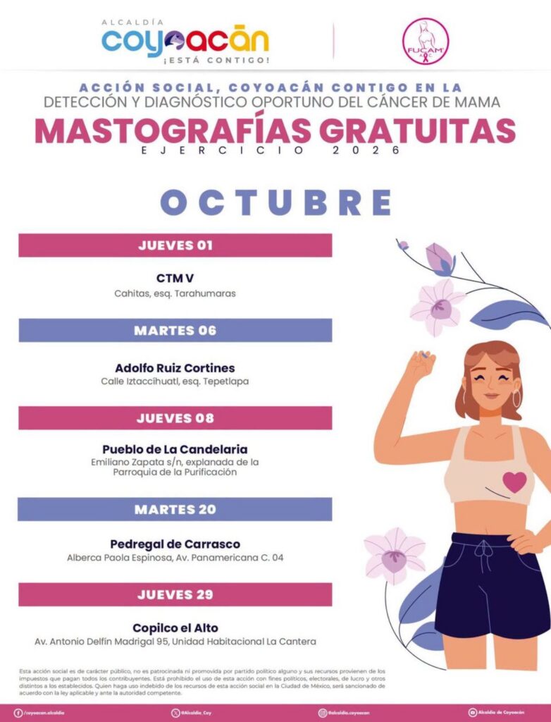 lcaldía Cuauhtémoc – programa de mastografías gratuitas. La alcaldía confirmó que durante 2026 mantiene, en colaboración con la Cruz Roja Mexicana, una campaña con la que prevé sumar alrededor de mil mastografías gratuitas adicionales.