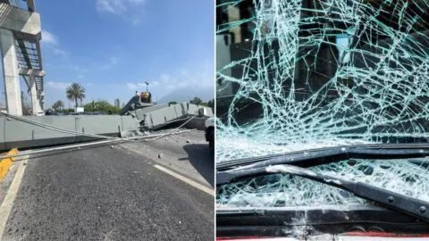 VIDEO: cae puente peatonal en Monterrey y aplasta un auto; no reportan lesionados