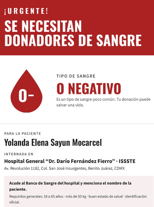 Solicitan donadores de sangre O Negativo en Hospital Darío Fernández Fierro